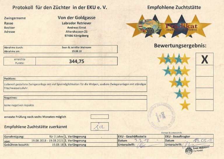 Protokoll empfohlene Zuchtstätte