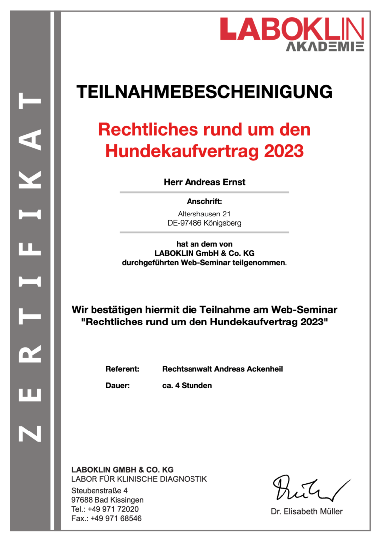Zertifikat Laboklin Hundekaufvertrag
